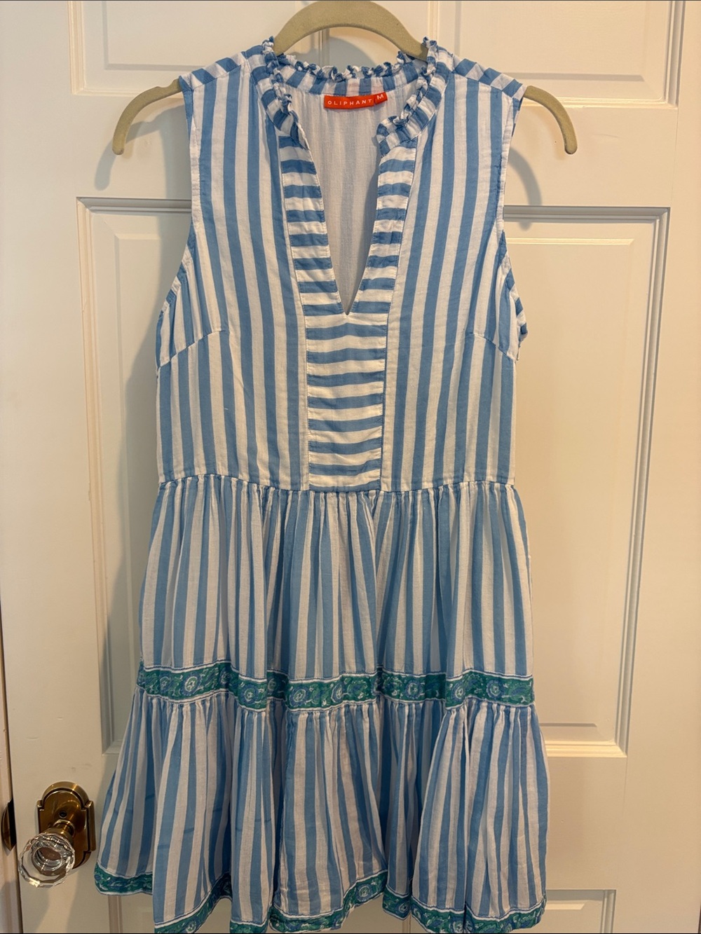 Oliphant Blue & White Striped Sleeveless Dress with Green Trim
